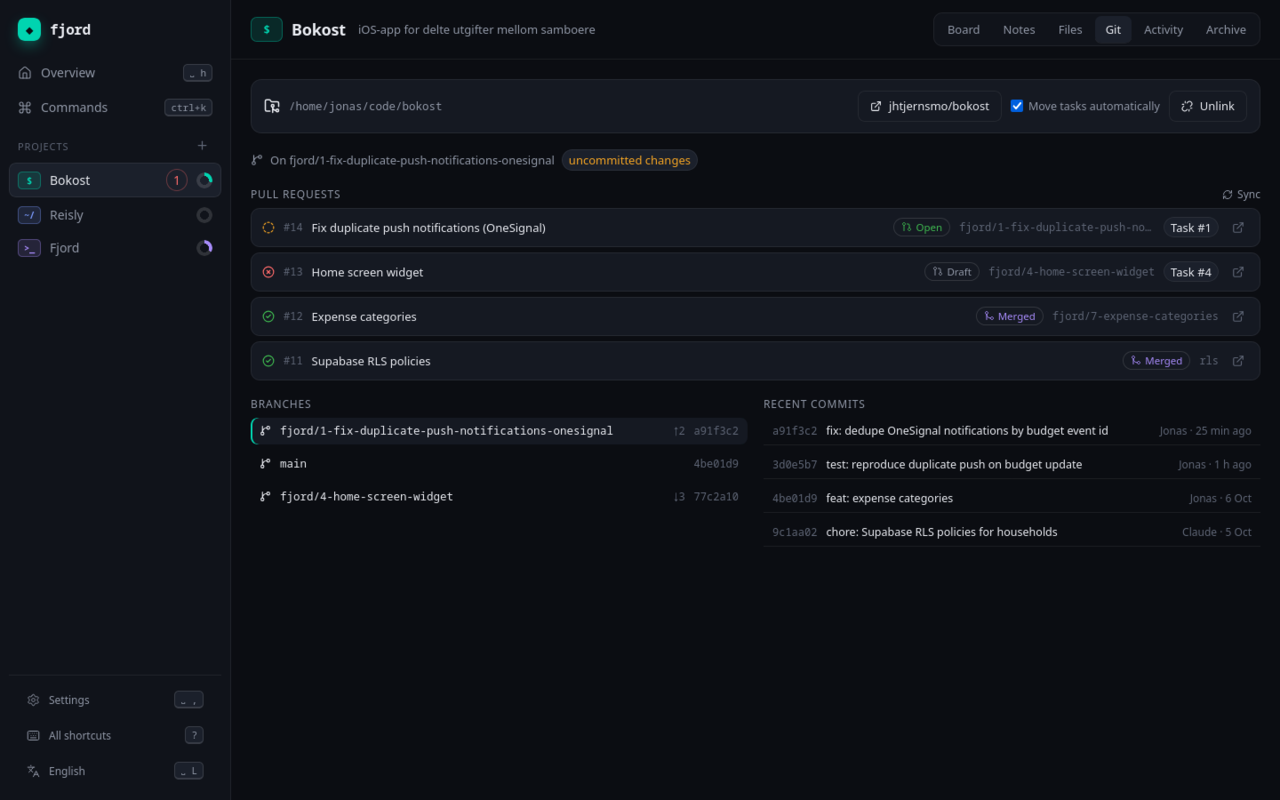 The Git tab with pull requests, branches and recent commits