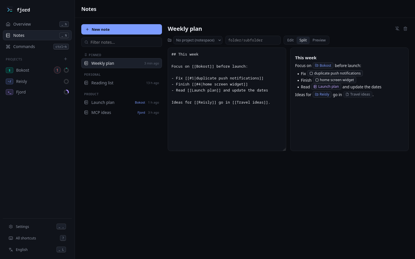 The notes view with a markdown editor and live preview showing links to a project, tasks and another note