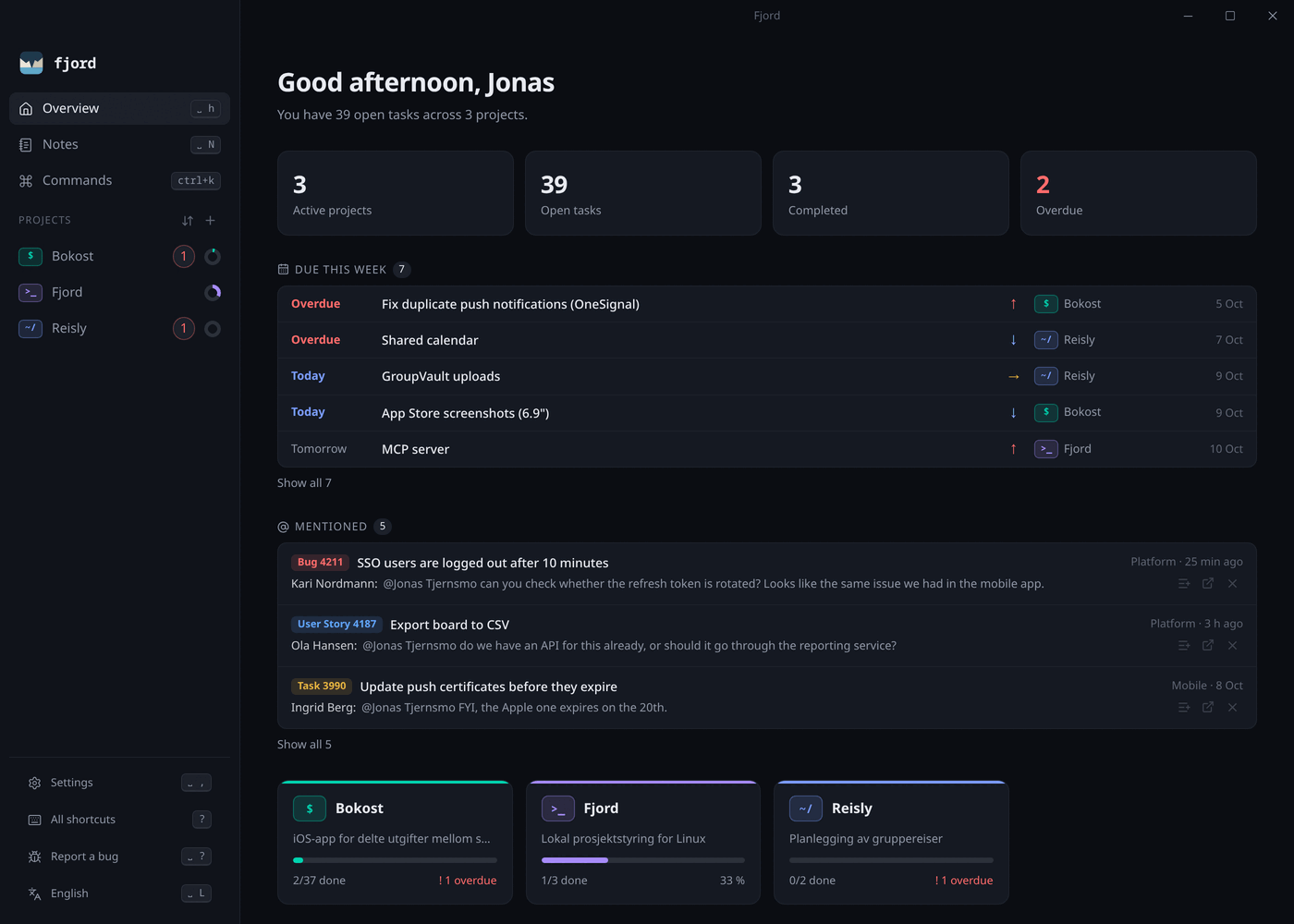 The Fjord Overview with a Due this week list of overdue and upcoming tasks, mentions from Azure DevOps and project cards