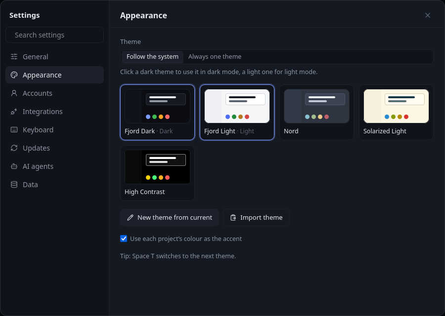 The Appearance settings with five themes to choose from
